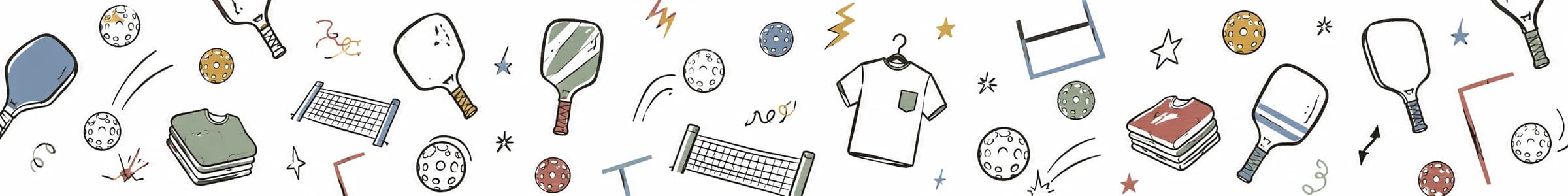 Illustrated pickleball paddles, balls, nets and folded tees