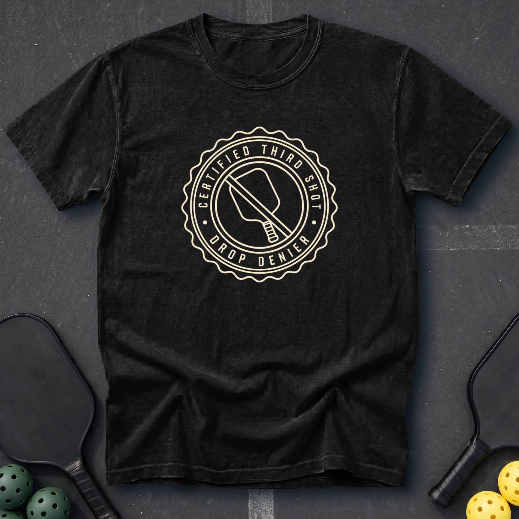 Certified Third Shot Drop Denier Tee in Black pickleball t-shirt