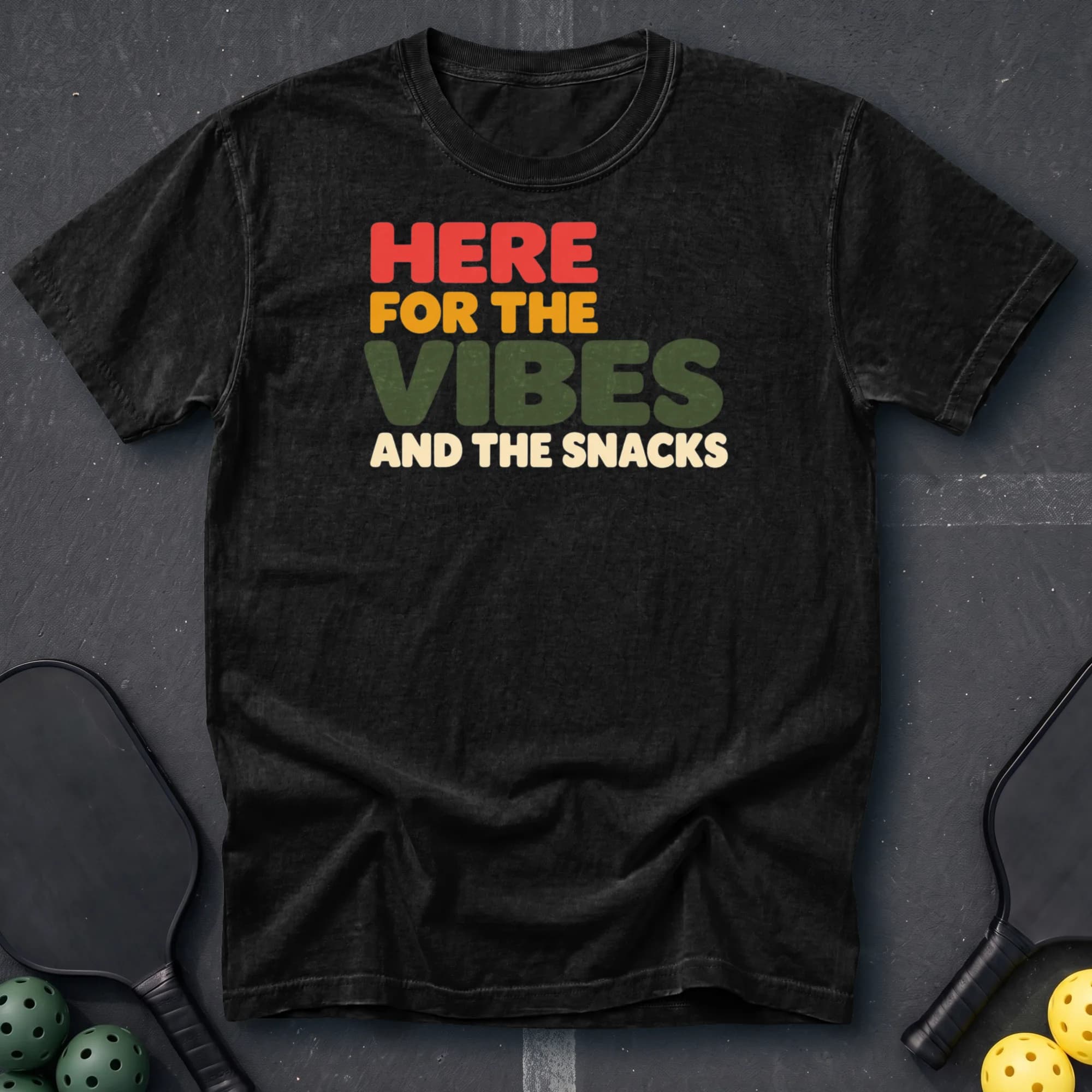 Here For The Vibes And The Snacks Tee in Black pickleball t-shirt
