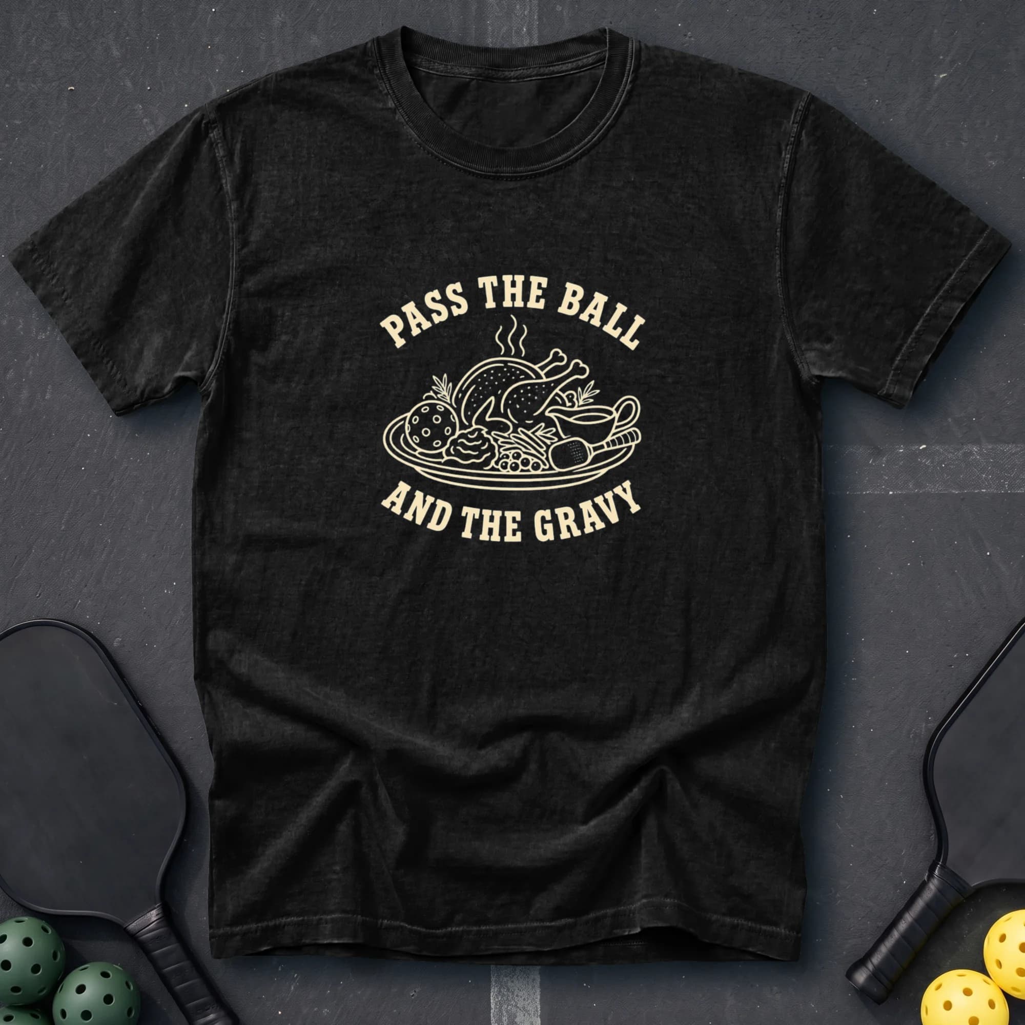Pass The Ball And The Gravy Tee in Black pickleball t-shirt