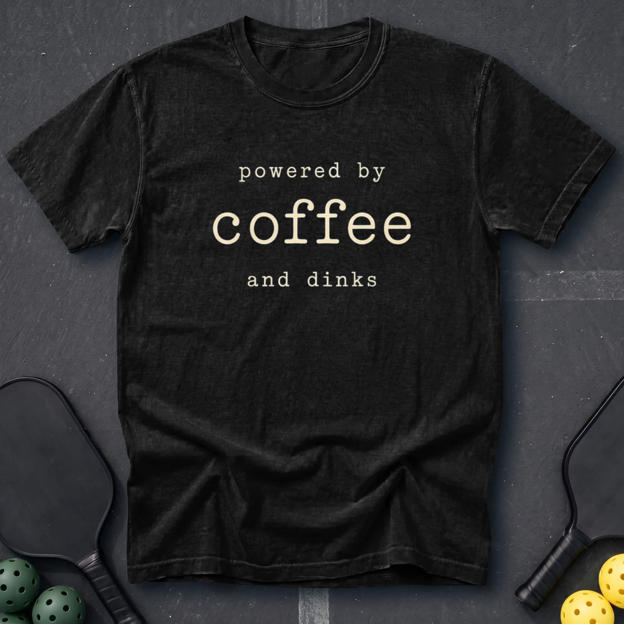 Powered By Coffee And Dinks Tee in Black pickleball t-shirt