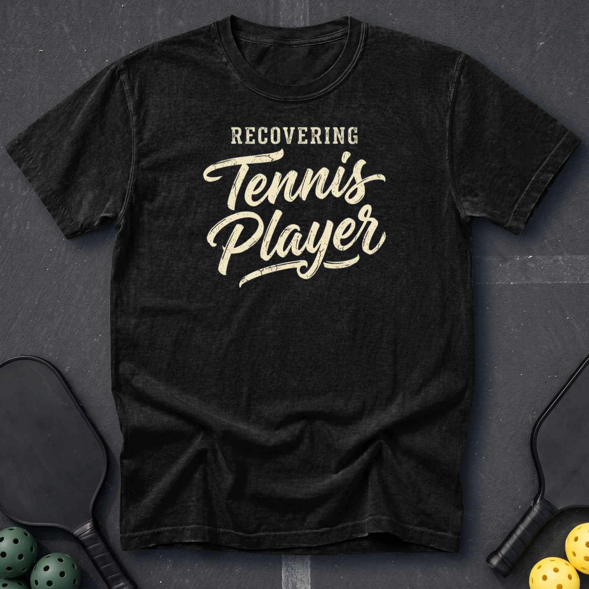 Recovering Tennis Player Tee in Black pickleball t-shirt