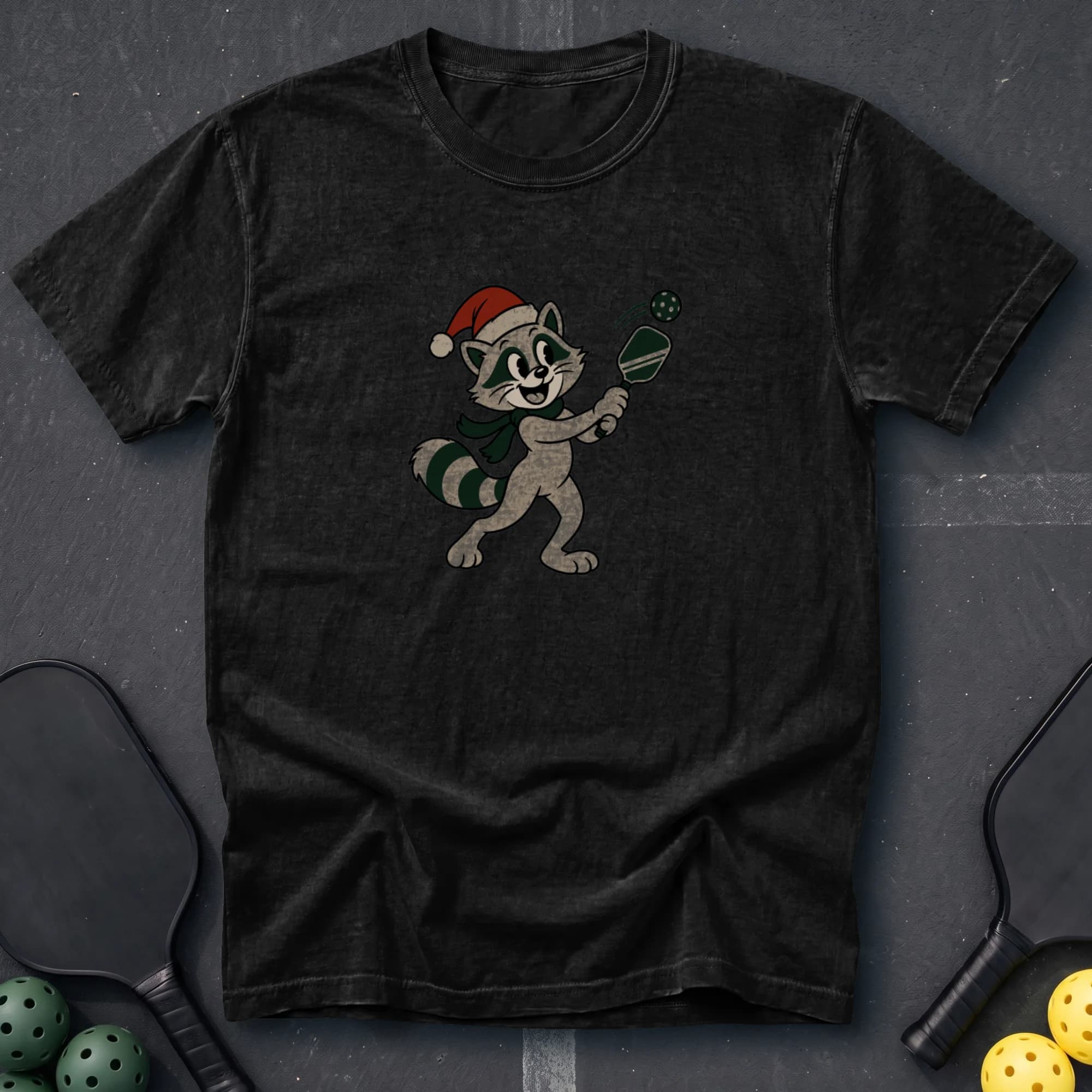 Santa Raccoon Pickleball Tee in Black