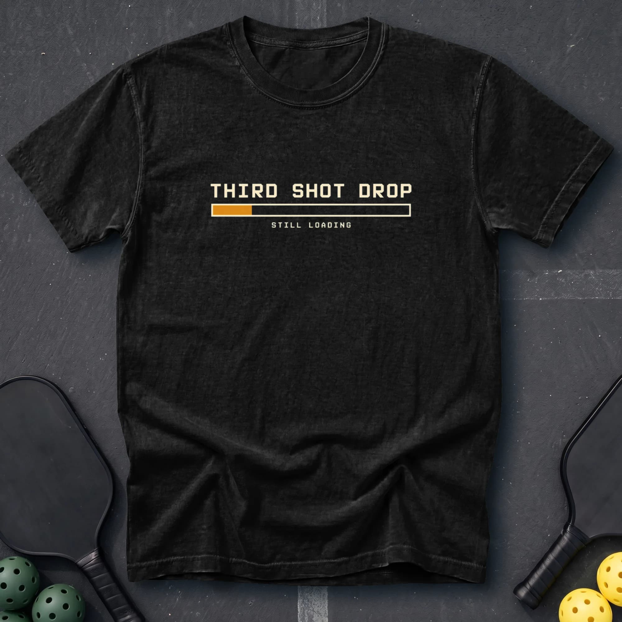 Third Shot Drop: Still Loading Tee in Black pickleball t-shirt