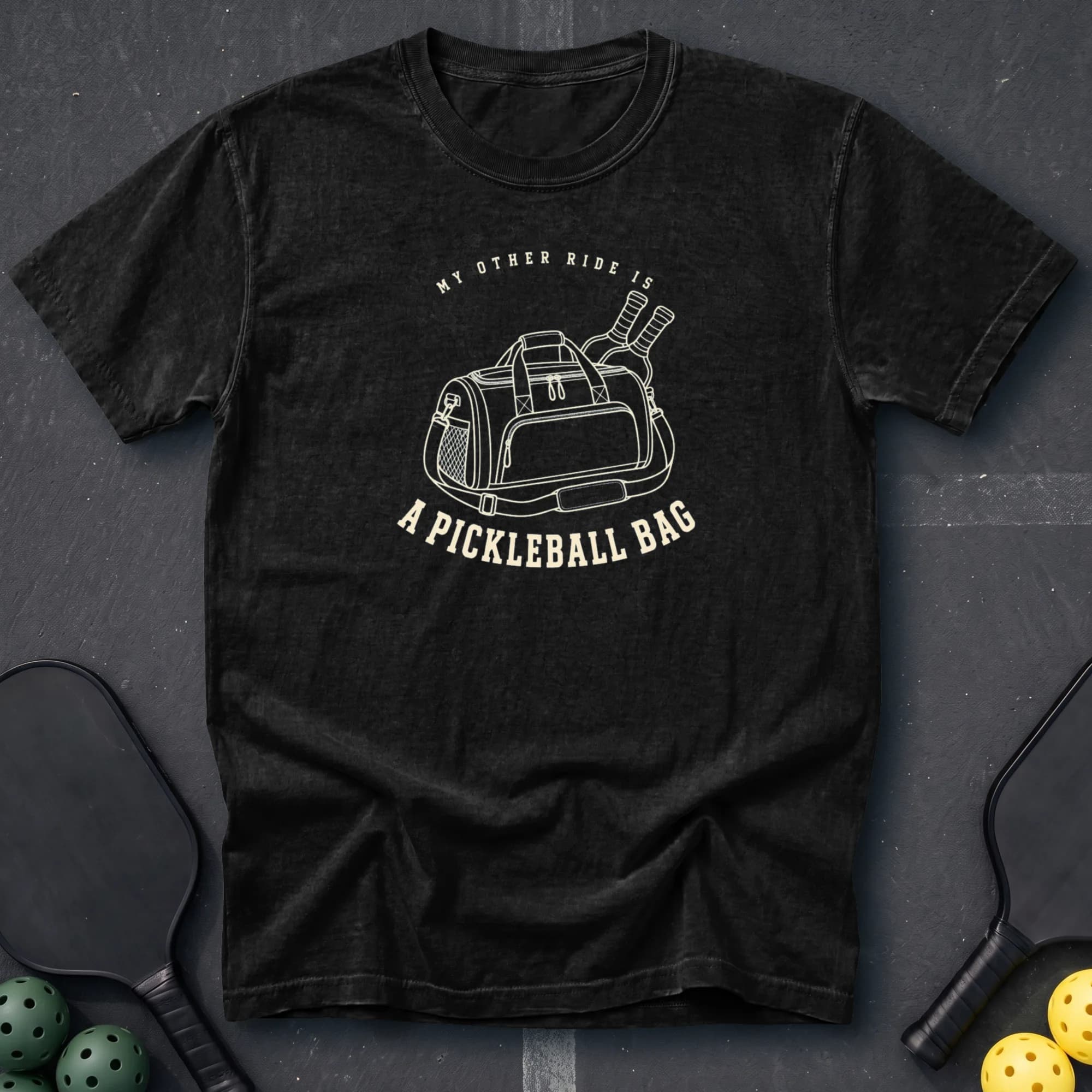 My Other Ride Is A Pickleball Bag Tee in Black