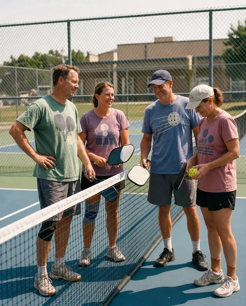 Four mixed doubles players laughing together at the net after a point