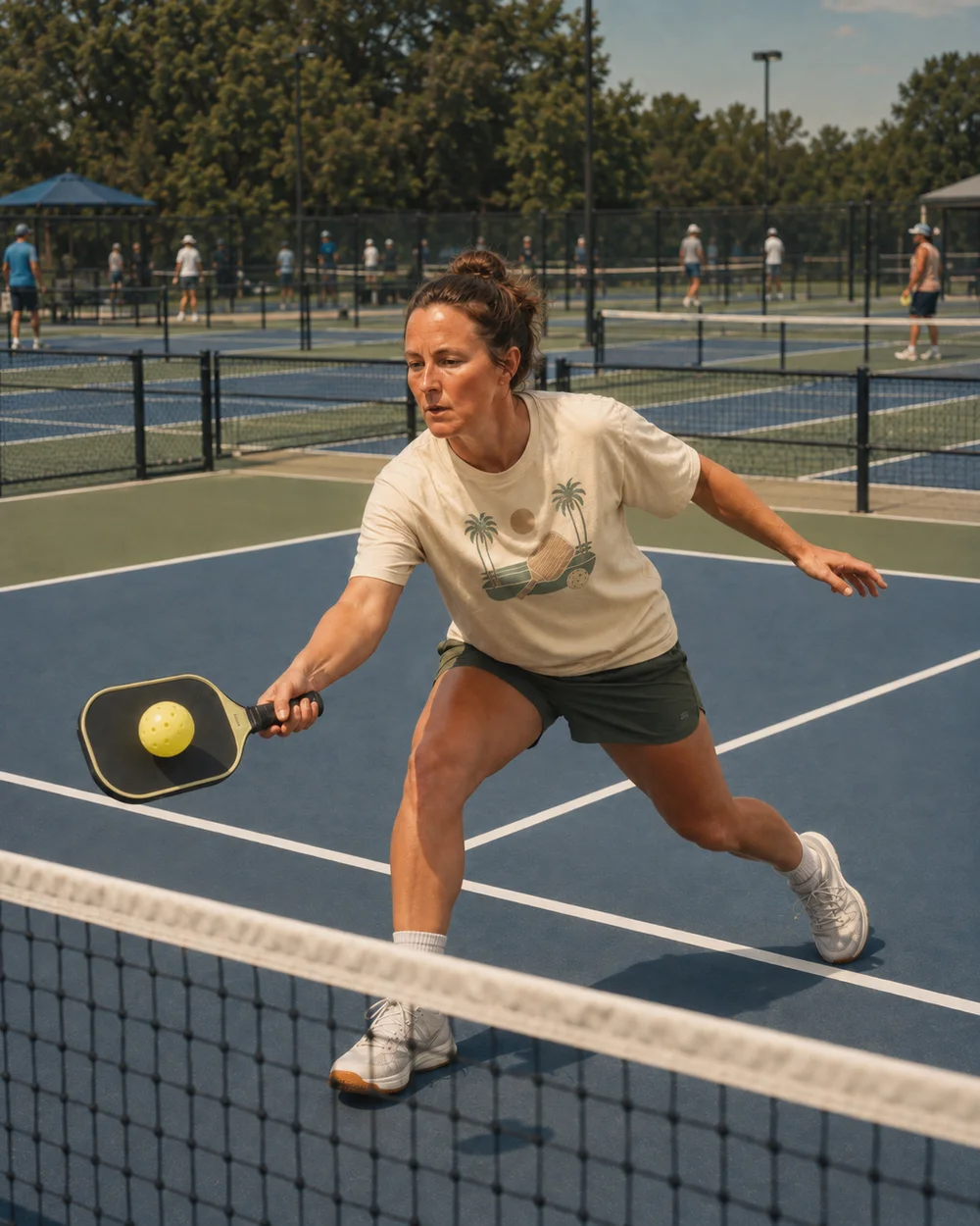 A player lunging to return a shot at the net on a public pickleball court