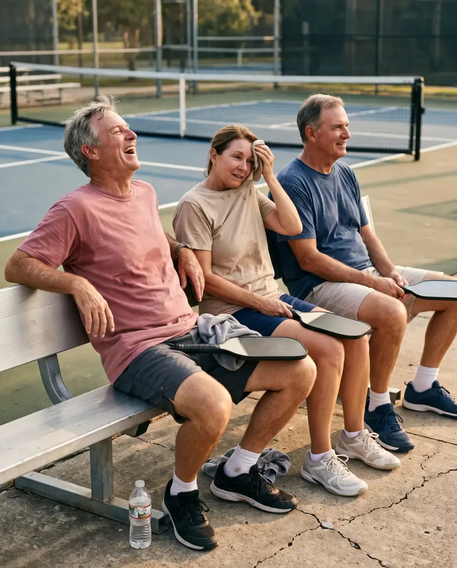 Three players in their fifties sitting on a courtside bench after a game, laughing, paddles across their knees