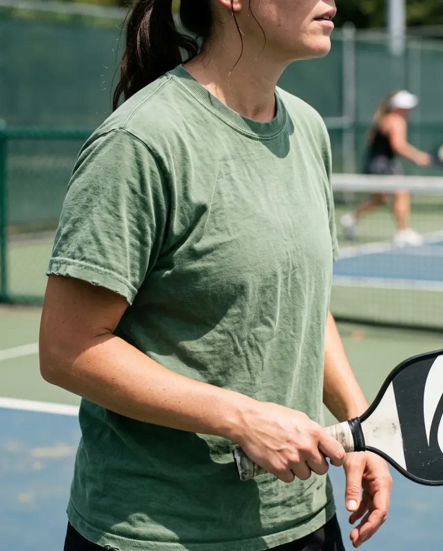 Close crop of a player on court wearing a heavyweight moss green cotton tee, holding a pickleball paddle